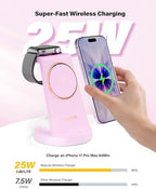 3 in 1 Fast Charging Station for iPhone, 25W Wireless Magnetic Phone Charger for iPhone 17 16e 16 15 14 13 12 Serise, Watch Charger Stand, Wireless Charging Station for AirPods 4 3 Pro, Pink - Image 2