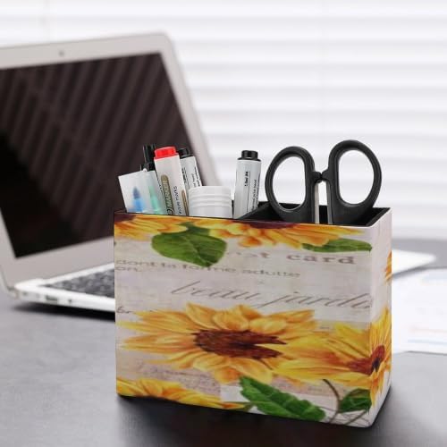 PU Leather Multi-Compartment Pen Holder Desktop Organizer Pencil Cup Storage Caddy for Office Home Supplies Hand Drawn Vibrant Yellow Watercolor Sunflowers Flowers Old Letters - Image 5