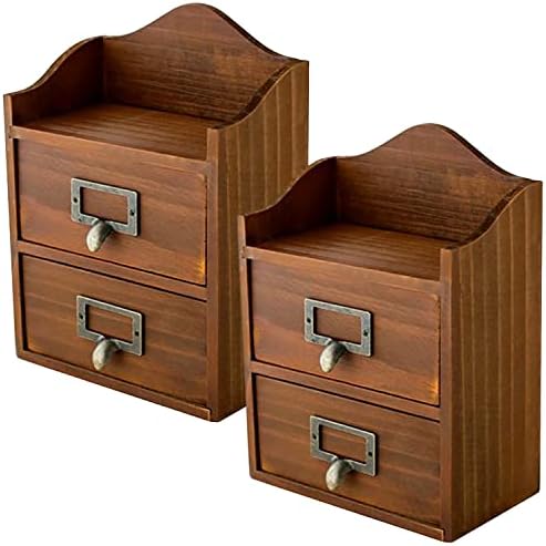 Mini Vintage 2 Drawer Desktop Organizer - Rustic Card Catalog with Label Holders - Small Chest for Storage and Organization - Library Box - 2-Pack by PrimoSupply