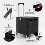 Folding Utility Cart Black Portable Rolling Crate Handcart Foldable Shopping Trolley Collapsible, with Lid, on Wheels, for Grocery, Garden, Office, Storage, Teacher, Tool (Black) - Image 3