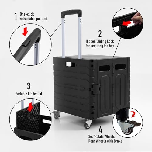 Folding Utility Cart Black Portable Rolling Crate Handcart Foldable Shopping Trolley Collapsible, with Lid, on Wheels, for Grocery, Garden, Office, Storage, Teacher, Tool (Black) - Image 3