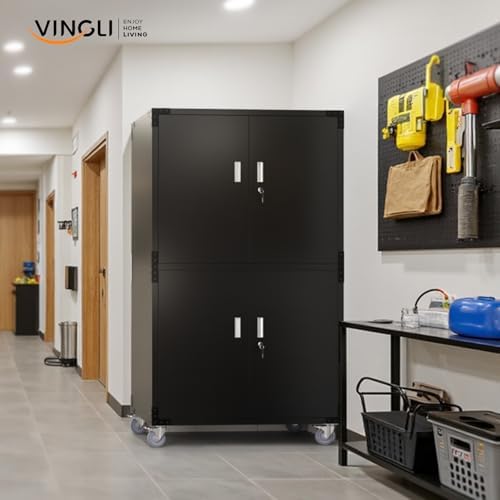 VINGLI Large Garage Storage Cabinet with 4 Doors, Upgraded Height & Wide & Deep, 43''W x 23''D x 75''H, Oversized Metal Storage Cabinet with Pegboards Wheels Locks and Adjustable Shelves (Black) - Image 2