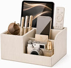 Pen Holder for Desk, 4-Compartment PU Leather Desk Organizer, Cream by LADSEA