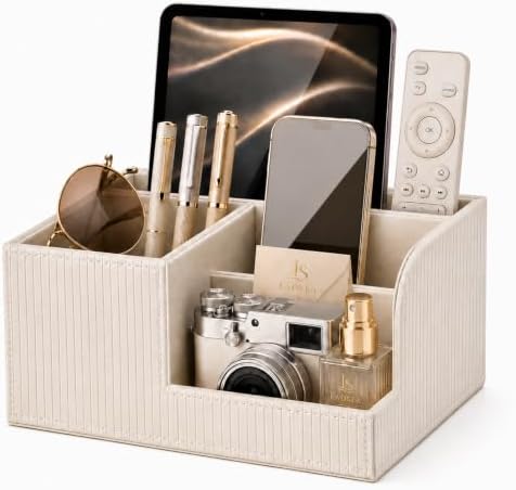 Pen Holder for Desk, 4-Compartment PU Leather Desk Organizer, Cream by LADSEA