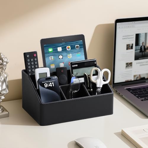 PU Leather Desk Organizer, Remote Control Holder, Black - Image 3