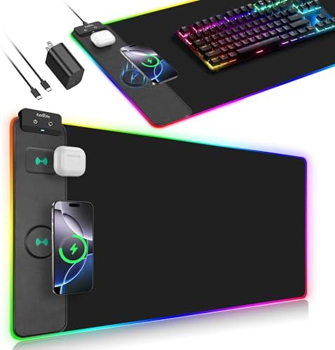 Mouse Pad with Wireless Charger, RGB Gaming Mousepad, 31.5"x15.7" Extra Large Desk Mat, 13 Light Modes, Ultra-Smooth Surface, Non-Slip Base, Waterproof Computer Keyboard Pad, Black with PD Adapter by ExtreLife