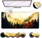 Large Keyboard Mouse Pad Set, Extended Mouse Pad+Keyboard Wrist Rest Support, Memory Foam Ergonomic Easy Typing, 4Pcs (31.5×11.8 in) Desk Pad Set for Office Home,Nature Misty Forest by Unknown