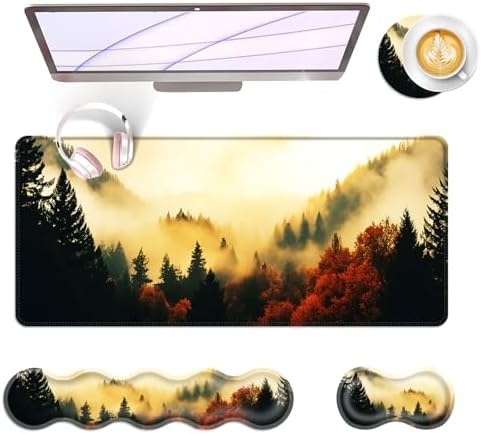 Large Keyboard Mouse Pad Set, Extended Mouse Pad+Keyboard Wrist Rest Support, Memory Foam Ergonomic Easy Typing, 4Pcs (31.5×11.8 in) Desk Pad Set for Office Home,Nature Misty Forest by Unknown