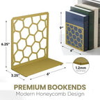 Gold Geometric Honeycomb Metal Bookends - Book Ends for Shelves - Decorative Modern Heavy Duty Bookend Stopper - Book Ends for Heavy Books - Home Office Book Holder - 2 Pair, 6x3.25x6.25 in - Image 2