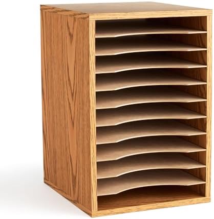 Safco Vertical Desktop Sorter, Wooden Paper Organizer for Home Office and Classroom, 11 Adjustable, Letter-Size Compartments, Medium Oak by SafcoProducts