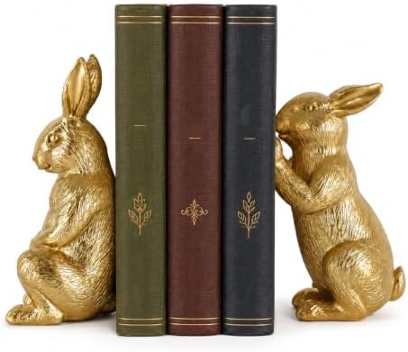 Vintage Gold Rabbit Bookends Set of 2, Resin Bunny Book Ends for Home Decor by XIYOUQI