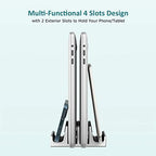 Vertical Laptop Stand - SPACEMax Adjustable GRIPLock Anti-Tip Silicone 4 Slots Aluminum Desktop Holder - Double Dock Stand - 2 Phone Slots Fits Up to 17.3” Laptops, Tablets, Phones - Silver - Image 4