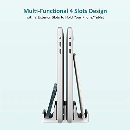 Vertical Laptop Stand - SPACEMax Adjustable GRIPLock Anti-Tip Silicone 4 Slots Aluminum Desktop Holder - Double Dock Stand - 2 Phone Slots Fits Up to 17.3” Laptops, Tablets, Phones - Silver - Image 4