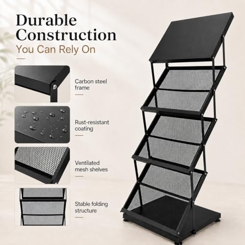 Foldable Magazine Display Racks, 4 Pockets Brochure Display Rack with Wheels, Brochure Catalog Display Stand for Living Room, Hotel, Trade Show, Exhibition, Office - Image 6