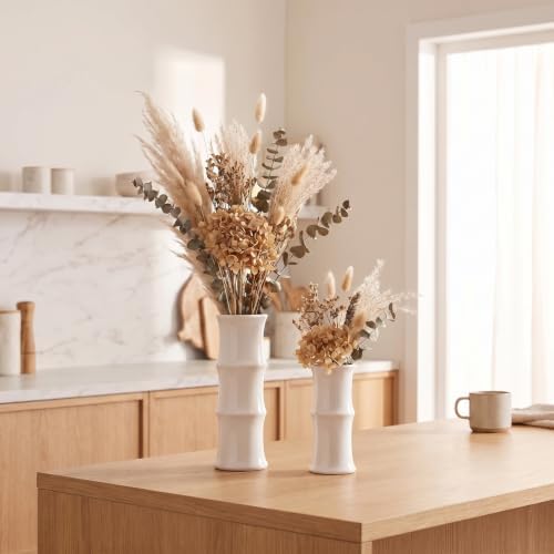 White Ceramic Bamboo-Inspired Flower Vase Set of 2, Modern Home Décor - Image 3
