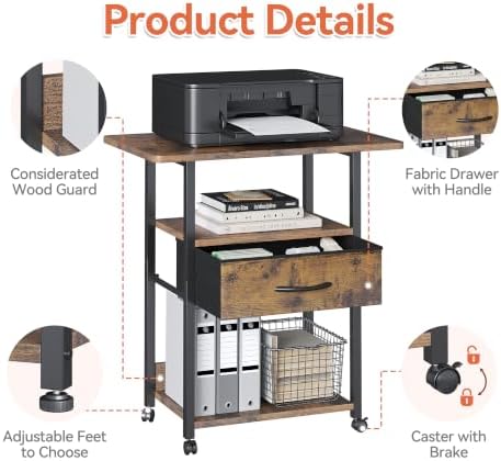 Printer Stand with Storage, 3-Tier Printer Table with Fabric Drawers, Brown - Image 3
