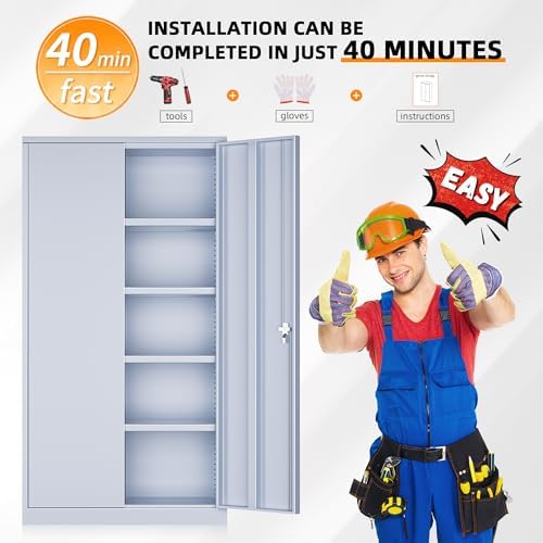 INTERGREAT Metal Storage Cabinet with Doors, 72" Locking Steel Storage Cabinet with Shelves, Tall Metal Cabinet Lockable Steel Cabinets for Home Office, Garage,(Cement) - Image 7