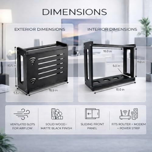 Router Box Hider, Router Shelf WiFi Box Hider, Wooden WiFi Storage Cabinet with Sliding Panel, Vented Back, Cable Management, Modem Cover, Cords & Power Strip, Wall Mount or Tabletop (Black) - Image 5