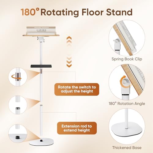 2 in 1 Adjustable Floor Book Stand & Music Stand with Removable Tray, 19.7" to 51.2" Foldable Reading Book Holder with Page Clips for Laptop, Cookbooks, Sheet Music, Wooden Podium Stand for Projector - Image 5