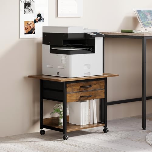 VENNQD Large Printer Stand with Storage Fabric Drawer Under Desk Printer Table with Wheels for Home Office, Printer Cart fit Fax Machine Scanner 23.4"x15.7"(Rustic Brown, 2 Tiers) - Image 3