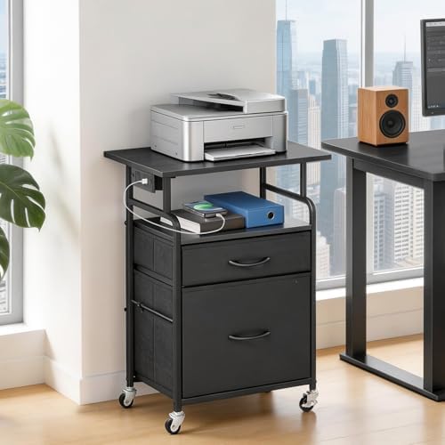 HOOBRO Printer Stand, Printer Table with Drawers, Mobile Filing Cabinet with Charging Station, Printer Cart for Home Office, Living Room, Black BB15UPS01 - Image 3