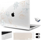 MEEgoodo for MacBook Air 13.3 inch Case 2021 2020 2019 2018 A2337 M1 A2179 A1932, Clear Case for MacBook Air M1, Hard Shell with Keyboard Webcam Cover & Trackpad Film & Type C Adapter,Engraving Floral by MEEgoodo