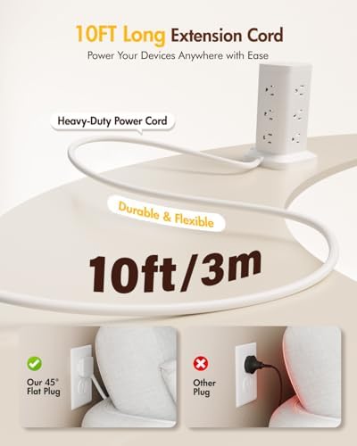 Power Strip Tower with Surge Protector 1800J, Fast Charging Tower PD20W USB-C Ports with 12 AC Outlets, Extension Cord for Home Office Dorm Room, 9.8ft, White - Image 2