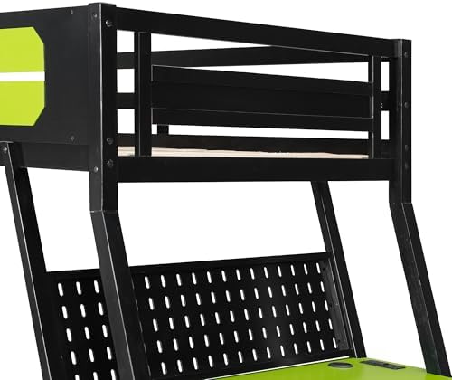 Polibi Twin Over Twin Bunk Bed with 2 Built-in Gaming Desks, USB Charging Ports & Pegboard Organizer, E-Sports Gaming Bed Frame for 2 Kids/Teens, Green (Twin Size) - Image 5