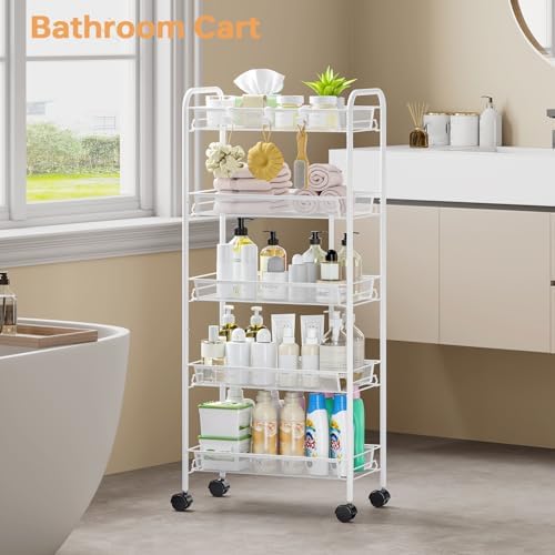 TOOLF 5 Tier Rolling Cart, Metal Utility Storage Cart with Wheels, White - Image 2