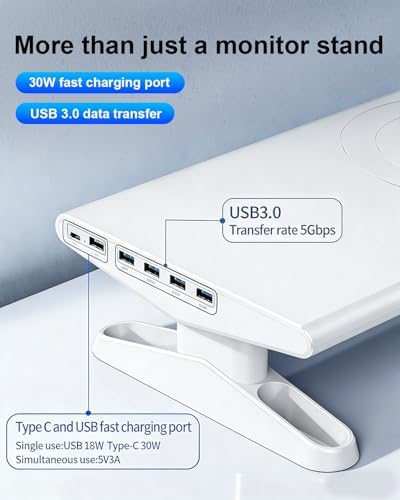 Computer Monitor Stand Riser for Desk with Usb Hub Charging,30W/5Gbps Usb C Docking Station with Power,4.4-5.7'' Height Adjustable with Phone Holder,Monitor Stands Riser for PC,Laptop,Printer(White) - Image 2