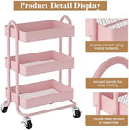 3 Tier Metal Rolling Cart, Utility Storage Cart Shelf Organizer with Wheels for Home & Office, Pink - Image 5