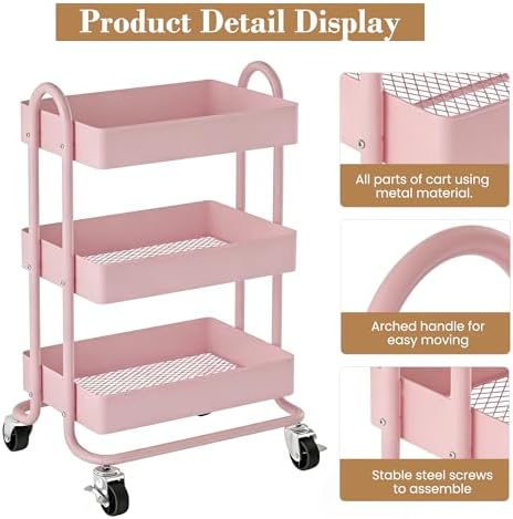 3 Tier Metal Rolling Cart, Utility Storage Cart Shelf Organizer with Wheels for Home & Office, Pink - Image 5