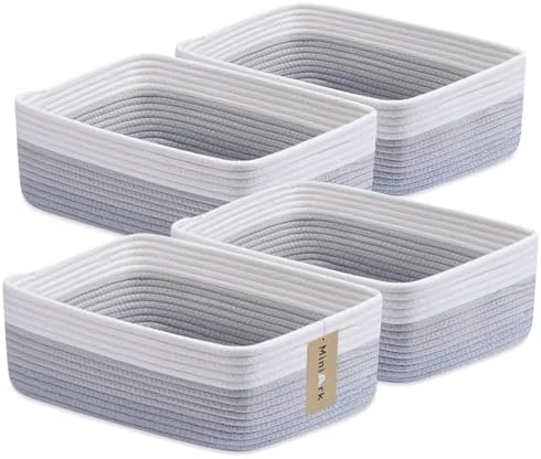 MiniArk Large Shallow Organizing Baskets 15x11x5.1 Inches - Rope Woven Storage Bins for Bathroom, Shelves, Cube Closet, Gradient Grey 4 Packs by MiniArkStorageBasketsHome