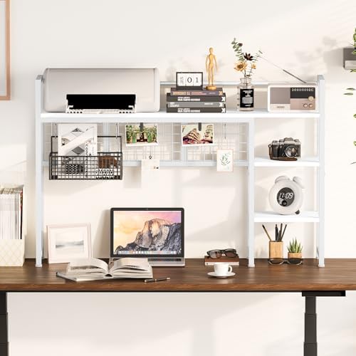 Snughome Desk Shelf, 44.9" Desktop Organizer Shelf, Desk Hutch for Computer Monitor, 4 Tier Desk Display Rack with Pegboard Hooks Set, Wood Desktop Bookshelf for Home Office Dorm - Image 4