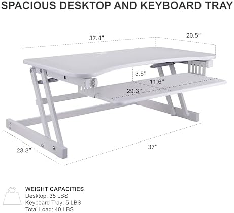 Rocelco 37.5" Height Adjustable Standing Desk Converter with Dual Monitor Mount and Slide Out Retractable Keyboard Tray - Sit Stand Up Double Screen Tabletop Riser Workstation - White (R DADRW-DM2) - Image 5