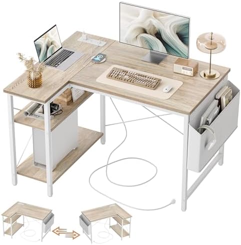 TIQLAB L Shaped Computer Desk with Power Outlets, 40 Inch Small Corner Desk with Reversible Shelves, Gaming Desk Computer Table Study Writing Table for Home Office Bedroom Small Space, Maple by TIQLAB