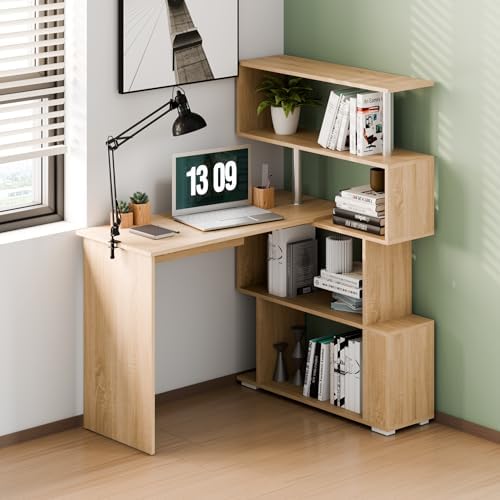 Mondeer Corner Desk, L Shaped Desk with Rotatable Storage Shelves, Oak - Image 2