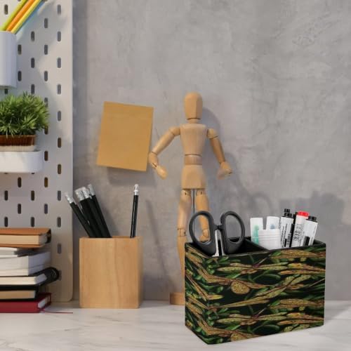 PU Leather Multi-Compartment Pen Holder Desktop Organizer Pencil Cup Storage Caddy for Office Home Supplies Hand Drawn Vintagel Pattern with Dragonflies And Olive Branches - Image 6