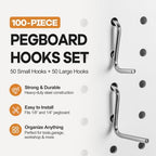 100 Pack Pegboard Hooks, Heavy Duty Galvanized Metal Peg Board Hooks with Locking Tabs, 2 Sizes, Fits 1/8” & 1/4” Pegboards, Garage Tool Organizer Accessories - Image 3
