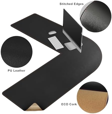MAIDERN (47” + 47”) x 15.7” L Shaped Corner Desk Mat, Cork & Leather Reversible Desk Pad for Gaming Computer Office Home (Black) - Image 3