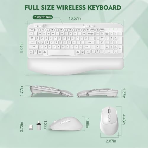 Wireless Keyboard and Mouse Combo, Full-Sized Ergonomic Wave Keys Keyboard with Memory Foam Wrist Rest & Phone Holder, 2.4G Quiet Keyboard Mouse Work Setup for PC Laptop, Office or Home (White) - Image 2