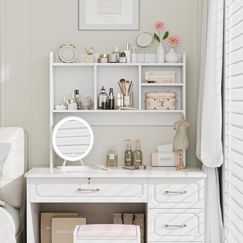 SUPER DEAL Desktop Bookshelf, Countertop Storage Hutch with 4 Shelves for Computer Desk, 2-Tier Display Rack, Multipurpose Wood Desk Hutch Storage Organizer for Home Office Dorm, White - Image 2