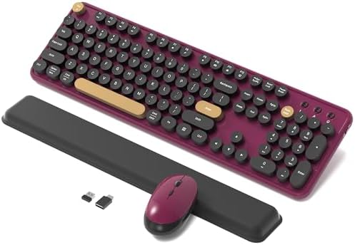 Retro Wireless Keyboard and Mouse Combo with Wrist Rest (Claret-Red) by COVEVA