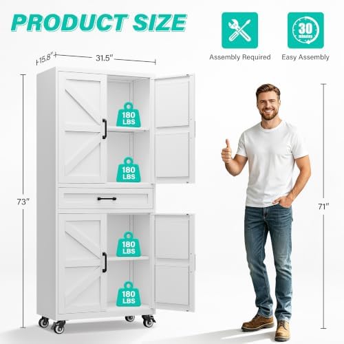 SISESOL Metal Storage Cabinet with Wheels and Drawer,Rolling Garage Cabinet with Doors and Adjustable Shelves,73" Mobile Tall Large Metal Cabinets for Home,Office,Garage,Shop (White) - Image 2