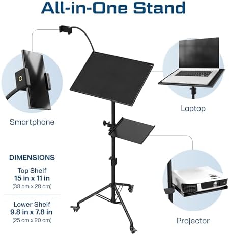 Projector Stand Tripod Laptop Tripod with Wheels & Adjustable Height Portable Podium Stand with Phone Holder Projector Holder for Home, Office, School & DJ Matte Black - Image 3