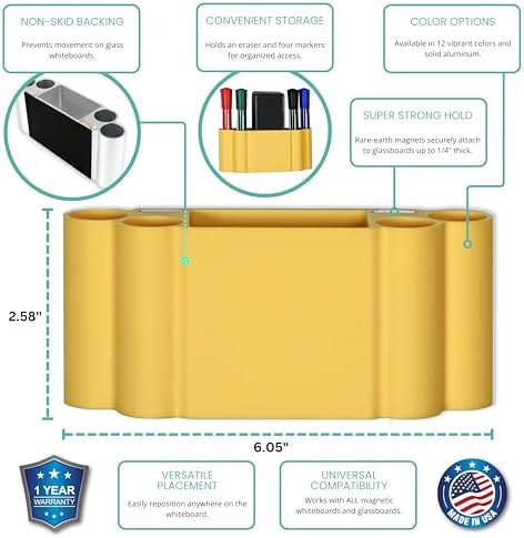 Glassboard Studio Magnetic Dry Erase Marker Holder - Super Strong for Magnetic Glass Whiteboard or Fridge - 2 Large Neodymium Magnets - No Slip Grip - Eco-Friendly PLA Plastic (Sunshine Yellow, KIT) - Image 2