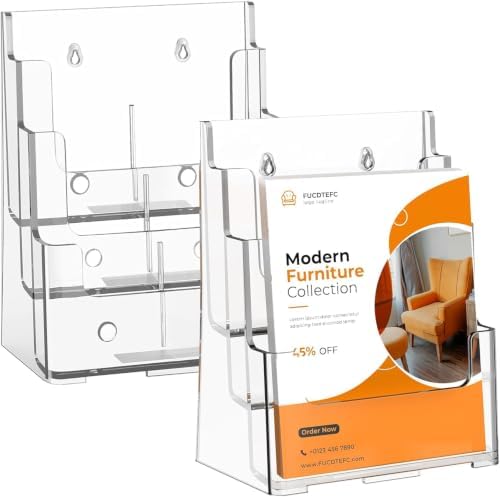 FUCDTEFC 2 Pack Acrylic Brochure Holder 8.5x11 & 4 x9 Inches Universal, Clear 3 Tier Magazine Stand Brochure Display Stand w Removable Divider, Literature Flyer Holder for Wall Mount or Countertop by FUCDTEFC