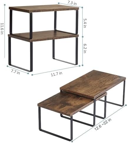NEX Kitchen Cabinet and Counter Shelf Organizer, Shelf Riser for Pantry Countertop Cupboard Desk Top, Stackable & Expandable, Set of 4, Black and Rustic Brown - Image 3