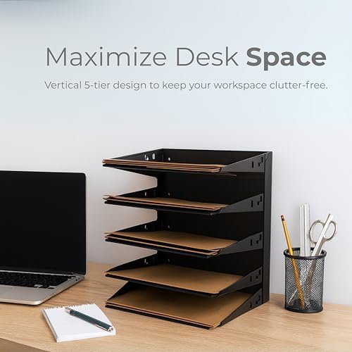 5 Tier Metal Desktop File Organizer Letter Tray Black - Image 4