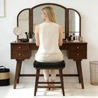 Vanity Stool with Wood Legs, Wooden Makeup Stool Chairs, Small Faux Leather Vanity Bench, Modern Square Makeup Bench Chair for Vanity, Living Room, Under Desk Foot Stool, Black - Image 6